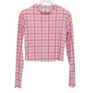 PRINCESS POLLY Plaid Mesh Crop Top Size 8 Pink Lavender Alana Long Sleeve